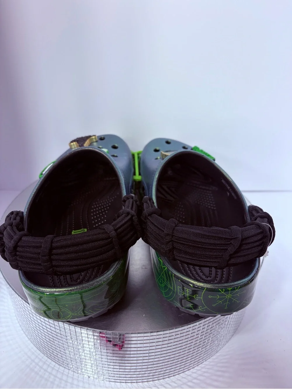 CROCS Kids Iridescent Green Holographic Clogs with Charm Accents